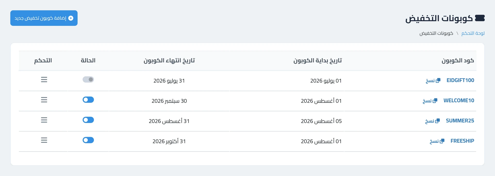 قائمة الكوبونات — كل كوبون بمدته ومفتاح تشغيل يقفله من غير حذفه