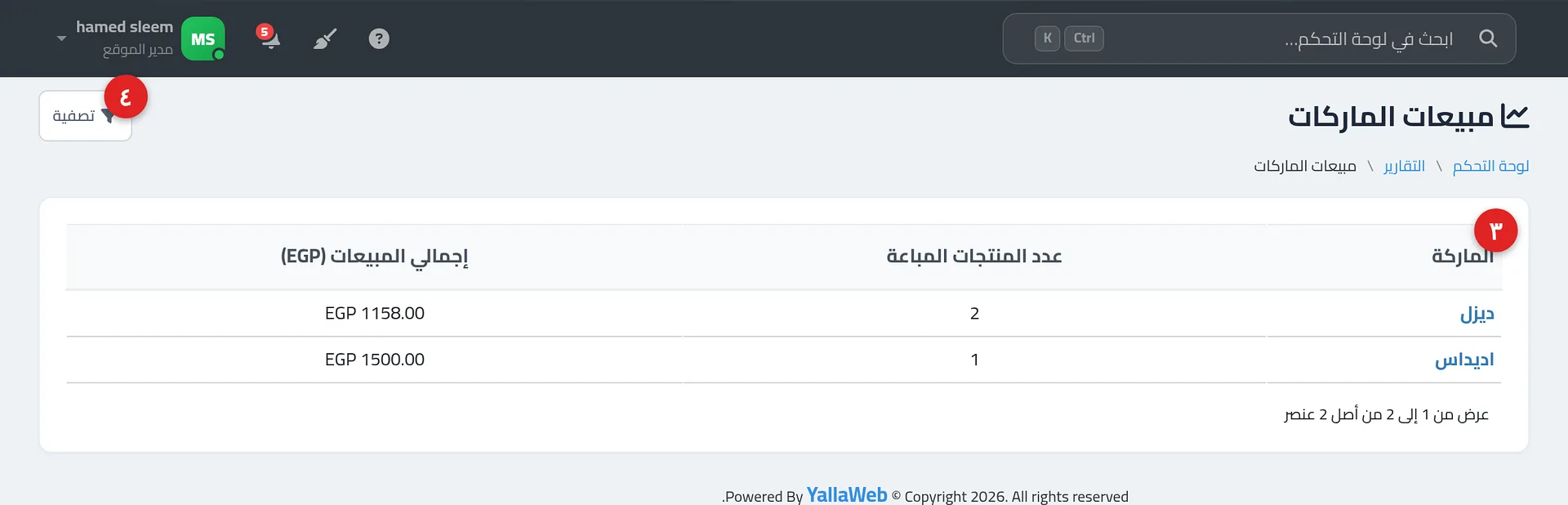 جدول تقرير مبيعات الماركات بأعمدة الماركة وعدد المنتجات المباعة وإجمالي المبيعات
