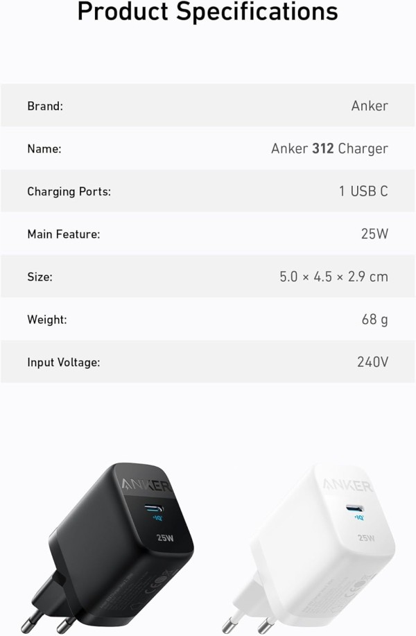 Anker 312 Ace – شاحن USB‑C فائق السرعة 25 واط    (بضمان etsal)