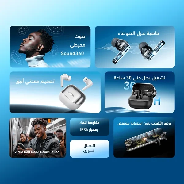 oraimo SpaceBuds Neo+ (موديل OTW‑323P) – سماعات TWS بتقنية الصوت المحيطي ومع ANC: