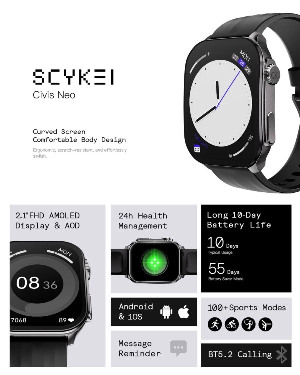 Scykei Civis neo  – ساعة ذكية بشاشة AMOLED منحنية 2.1″ تدعم المكالمات مقاومه للماء  باللون الفضي