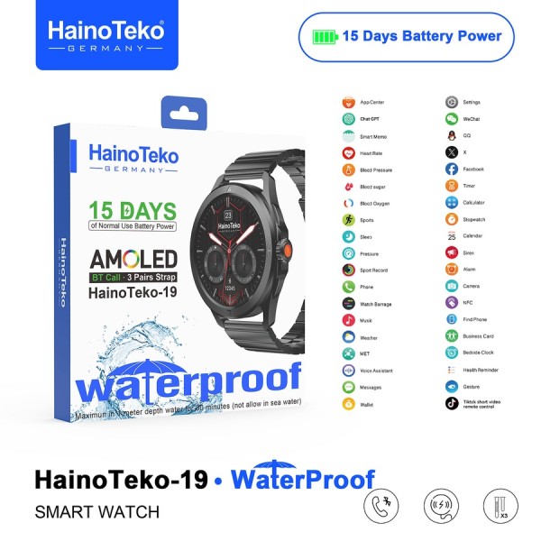 ساعة Haino Teko 19 الذكية – شاشة AMOLED، مكالمات بلوتوث، مقاومة للماء IP68، بطارية قوة تدوم حتى 7 يوم