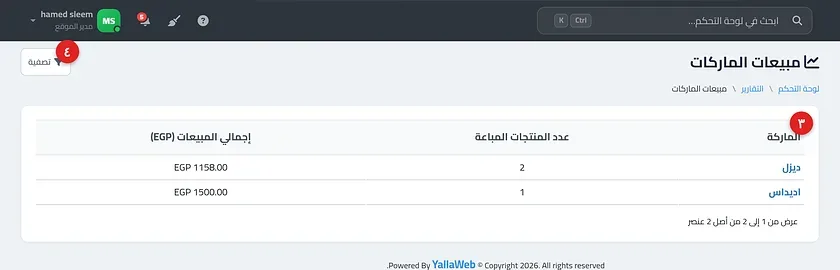 جدول تقرير مبيعات الماركات بأعمدة الماركة وعدد المنتجات المباعة وإجمالي المبيعات
