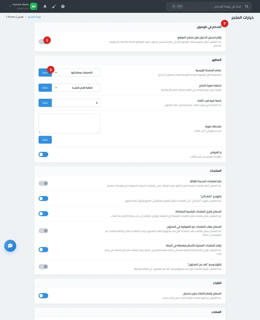 صفحة خيارات الموقع موضحًا فيها مجموعات الإعدادات ومفاتيح التشغيل وأزرار الحفظ