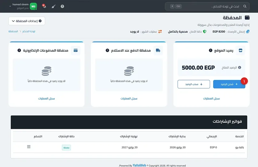 صفحة المحفظة موضحًا فيها البطاقات الإحصائية والمحافظ الثلاث وأزرار شحن وسحب الرصيد