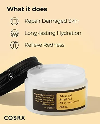 كوزركس كريم الحلزون المتقدم 92% الكل في واحد لترطيب وتجديد البشرة 100 مل | COSRX Advanced Snail 92 All In One Cream 100ml