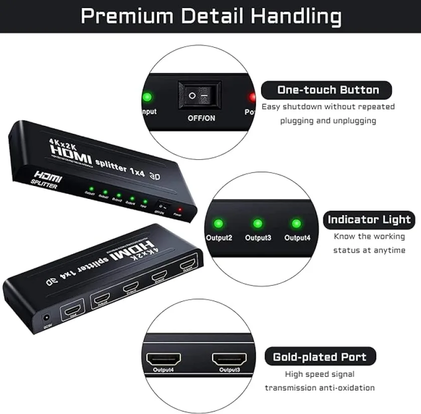 1x4 HDMI Splitter 4K HDMI Splitter 1 in 4 Out Supports HDCP UHD 4K Hdmi