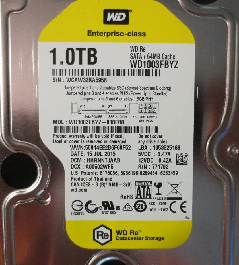 WD1003FBYZ-010FB0 - Western Digital RE 1TB 7200RPM SATA 6Gb/S 64MB Cache 3.5-Inch Hard Drive