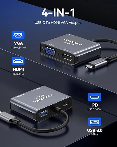 محول USB C الى VGA متعدد المنافذ، فيلكوم USB نوع C الى HDMI، محول موزع USB C 4 في 1