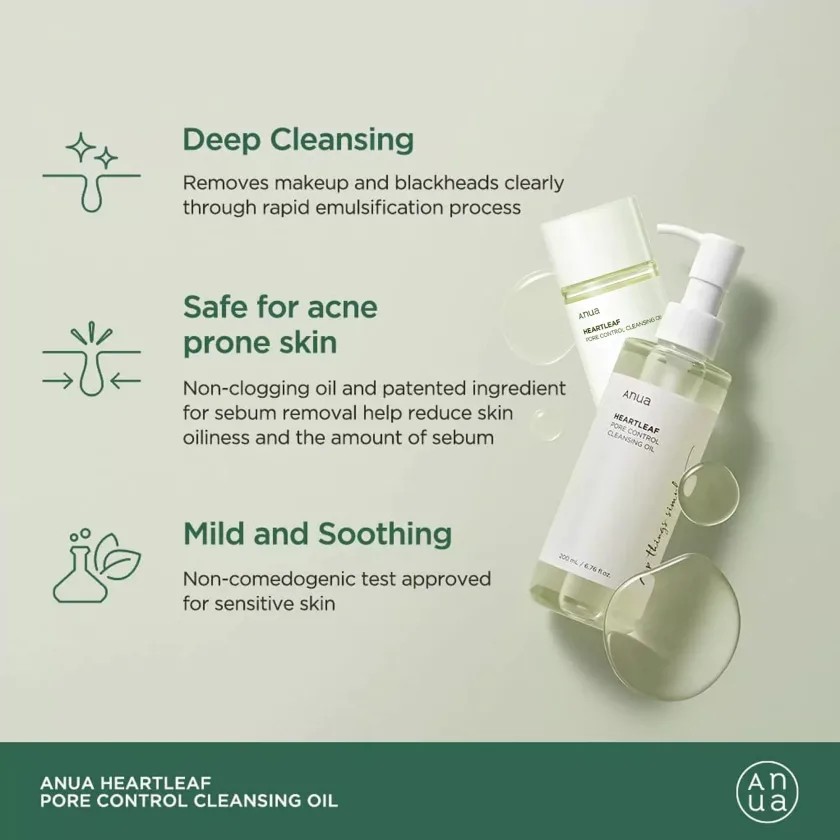 أنوا هارت غسول الهارت ليف الزيتي للتحكم في المسام ، 20مل ميني | Anua Heartleaf Pore Control Cleansing Oil Korean Facial Cleanser  20ml mini
