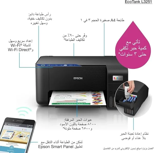 EPSON EcoTank L3251 Home ink tank printer A4, colour, 3-in-1 printer with WiFi and SmartPanel App connectivity