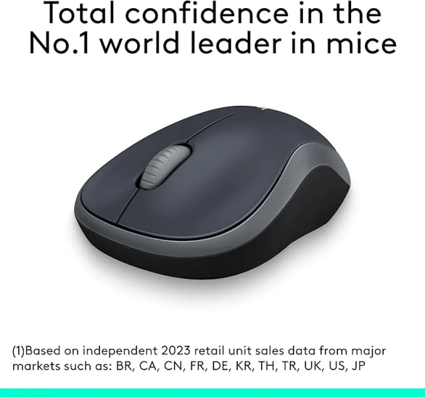 Logitech M185 Wireless Mouse, 2.4GHz with USB Mini Receiver, 12-Month Battery Life, 1000 DPI Optical Tracking, Ambidextrous PC/Mac/Laptop - Swift Gray