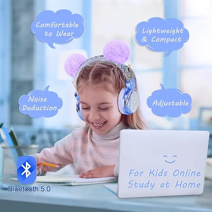 Kids Wireless Headphones, Bluetooth Headphones for Girls with Soft Ear, Adjustable Over Ear Headphones with Microphone for Kids/iPad/Kindle,