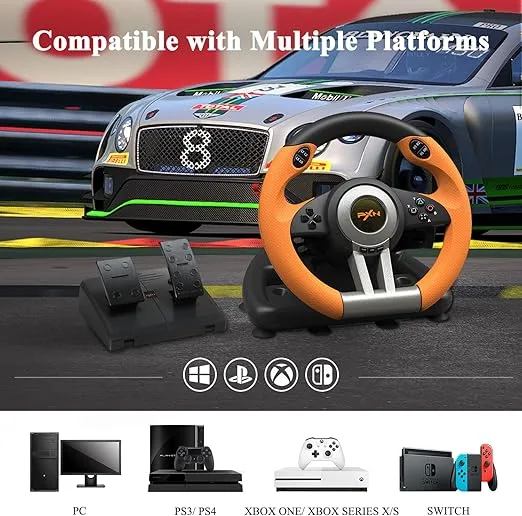 PXN V3 Gaming Wheel & Pedals: 180° racing wheel, vibration feedback, paddle shifters. For PC.