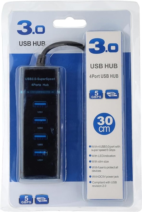 Generic 4-Port USB 3.0 Ultra-Slim Data Hub with 30cm Extended Cable for Desktops, Laptops, Tablets, Smartphones and other USB-enabled Devices