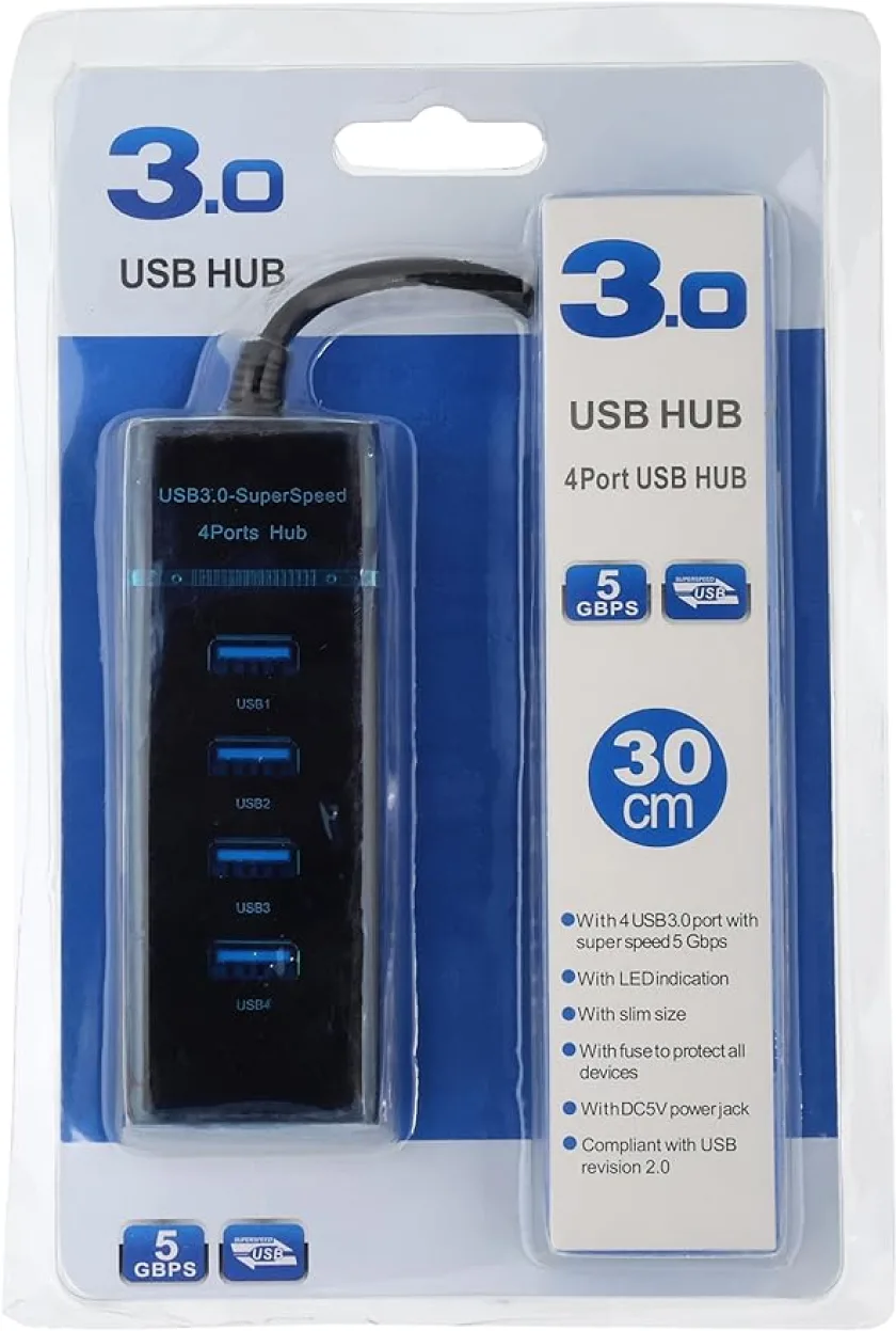 Generic 4-Port USB 3.0 Ultra-Slim Data Hub with 30cm Extended Cable for Desktops, Laptops, Tablets, Smartphones and other USB-enabled Devices