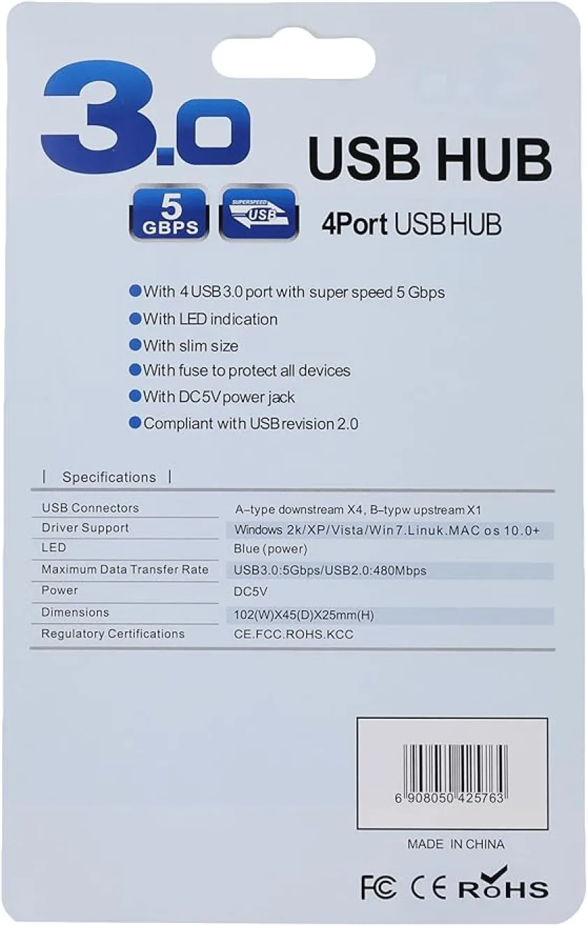 Generic 4-Port USB 3.0 Ultra-Slim Data Hub with 30cm Extended Cable for Desktops, Laptops, Tablets, Smartphones and other USB-enabled Devices