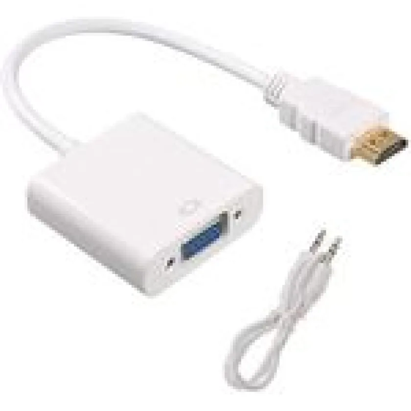 محول HDMI 1080P ذكر إلى VGA مع صوت - كابل فيديو عالي الدقة لجهاز الكمبيوتر (أبيض)