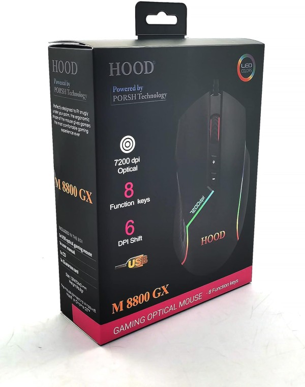 ماوس ألعاب بمنفذ USB من هود، دقة 7200 نقطة لكل بوصة، إضاءة ار جي بي، 8 مفاتيح، موديل M8800