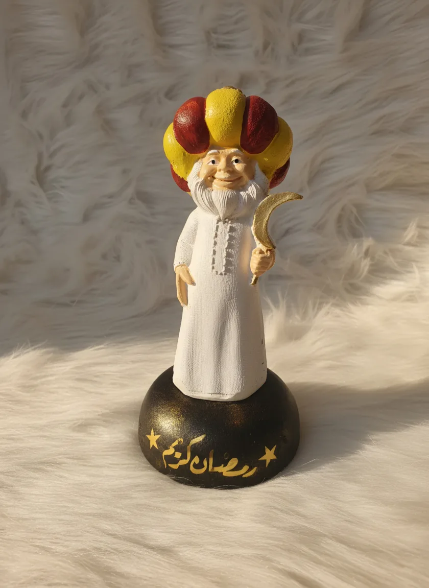 تمثال زينة رمضان كريم بشكل شيخ مع هلال وقاعدة مزخرفة، ديكور إسلامي للمنزل والمكتب