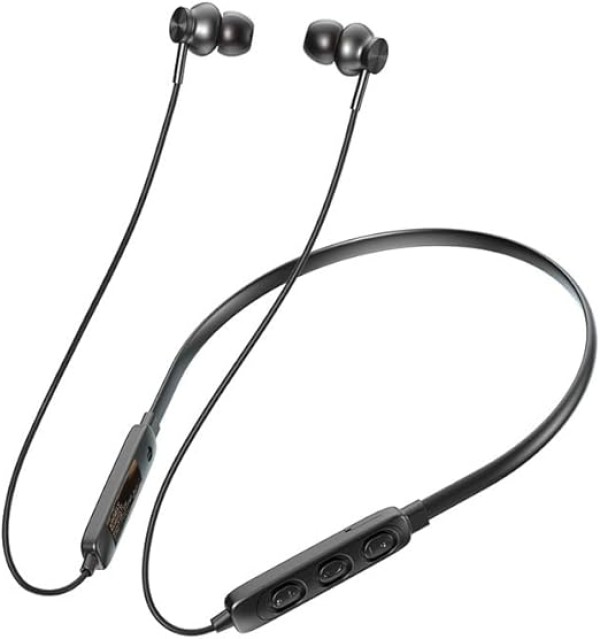 سماعات أذن بلوتوث لاسلكية بشريط حول الرقبة مع ميكروفون، خفيفة الوزن للغاية، صوت جهوري عميق، وقت تشغيل 30 ساعة (أسود