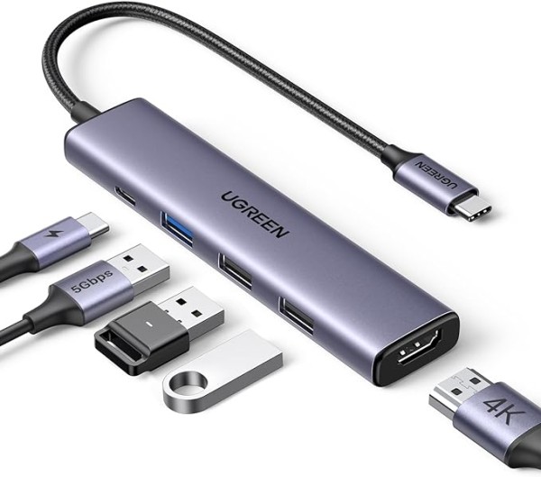 موزع USB C من يوجرين ريفودوك مع شحن بي دي 100 واط [كيبل مضفر]، محول من النوع C الى HDMI 4K30Hz و3 منافذ بيانات USB A