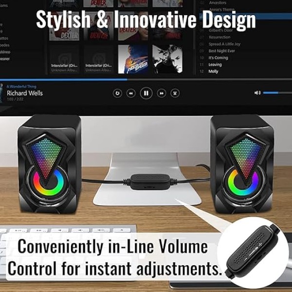 مكبرات صوت صغيرة محمولة للكمبيوتر من ان جيه اس مكبر ستيريو صغير لسطح المكتب مع اضاءة LED ملونة ومنفذ USB 2.0 وAux 3.5 ملم للالعاب