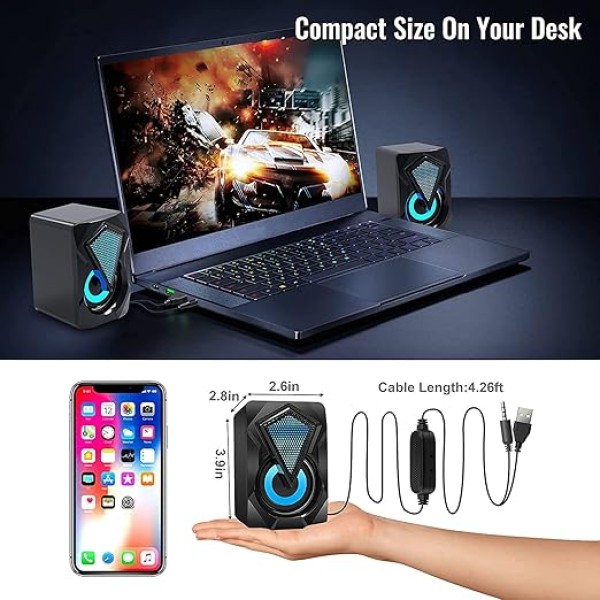 مكبرات صوت صغيرة محمولة للكمبيوتر من ان جيه اس مكبر ستيريو صغير لسطح المكتب مع اضاءة LED ملونة ومنفذ USB 2.0 وAux 3.5 ملم للالعاب