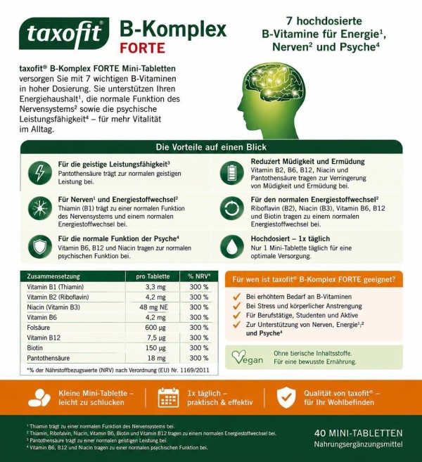 فيتامين ب المركب المكثف لتقوية الأعصاب والطاقة من تاكسوفيت الأماني - Taxofit B-Komplex FORTE - 40 Mini Tablets