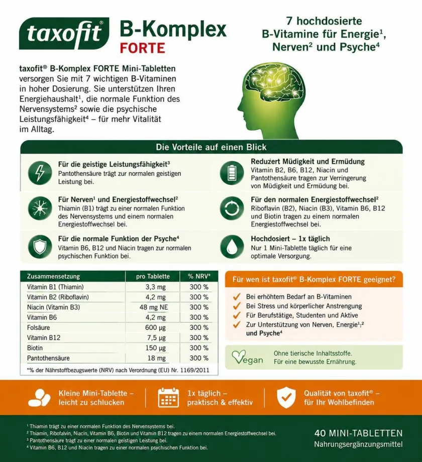 فيتامين ب المركب المكثف لتقوية الأعصاب والطاقة من تاكسوفيت الأماني - Taxofit B-Komplex FORTE - 40 Mini Tablets