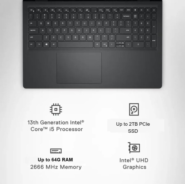 Dell 15 DC15250 i5-13 Touchscreen Laptop – Intel Core i5-1334U, 8GB RAM, 512GB SSD (Carbon Black), Accessories Bundle Included