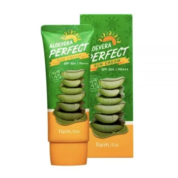 فارم ستاي  صن بلوك كريمى بالصبار  والشاي الاخضر لحماية فائقة وترطيب وتبييض 70جرام  | Farm Stay Aloevera Perfect Sun Cream SPF50 + PA +++ 70g