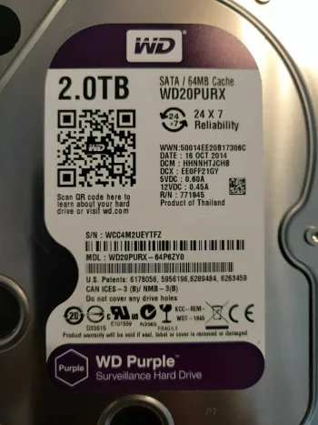 WD Purple 2 TB HDD 5400 RPM SATA 6 Gb/s 64 MB 3.5 " Internal Hard Drive WD20PURZ