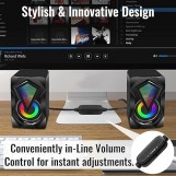 مكبرات صوت صغيرة محمولة للكمبيوتر من ان جيه اس مكبر ستيريو صغير لسطح المكتب مع اضاءة LED ملونة ومنفذ USB 2.0 وAux 3.5 ملم للالعاب